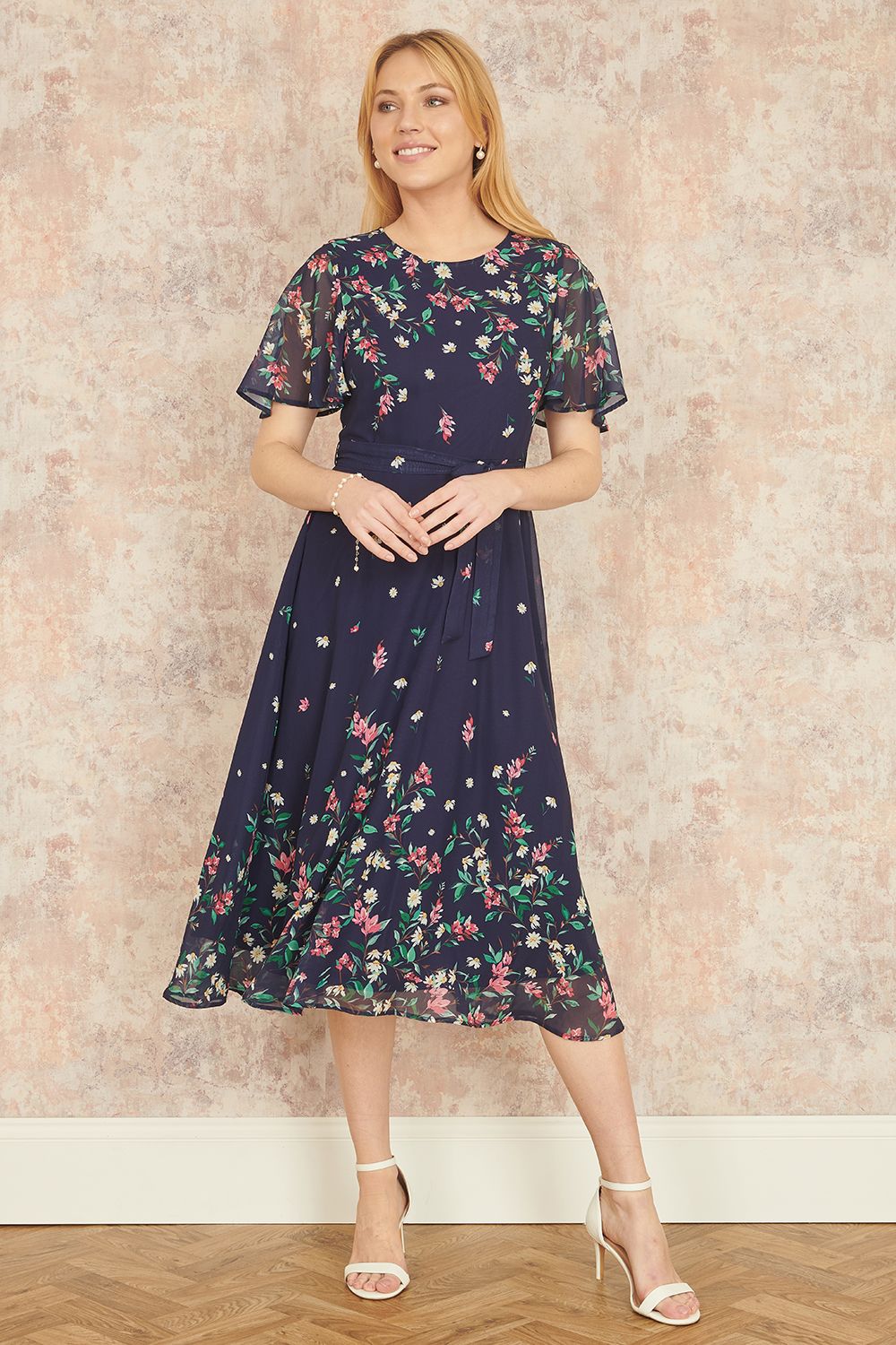 Yumi Yumi Navy Daisy Mirror Placement Skater Dress With Angel Sleeves