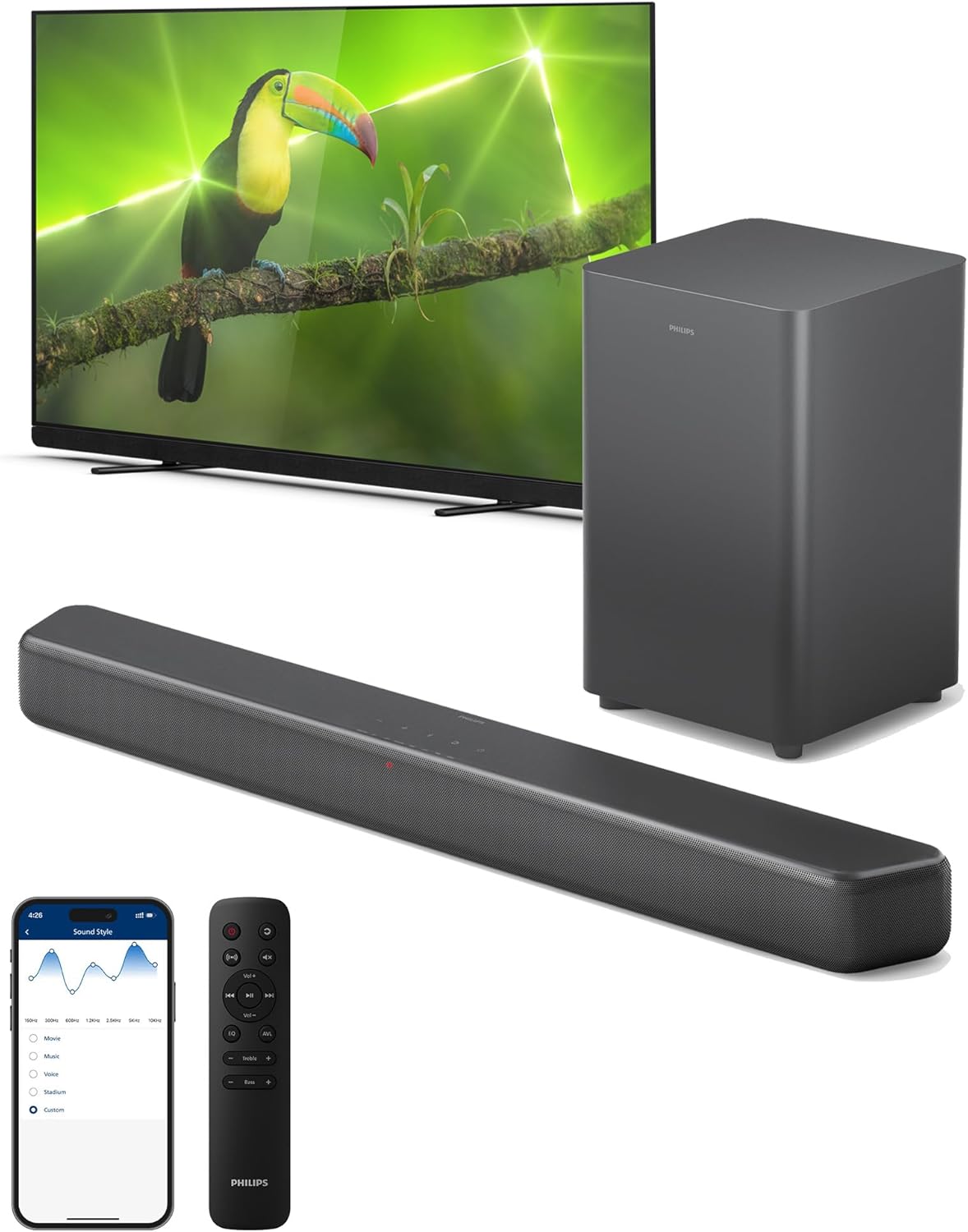 Philips B5309 2.1 Channel Soundbar with Wireless Subwoofer - Bluetooth, HDMI ARC, DTS Virtual:X, 240W Max Power, Dark Grey
