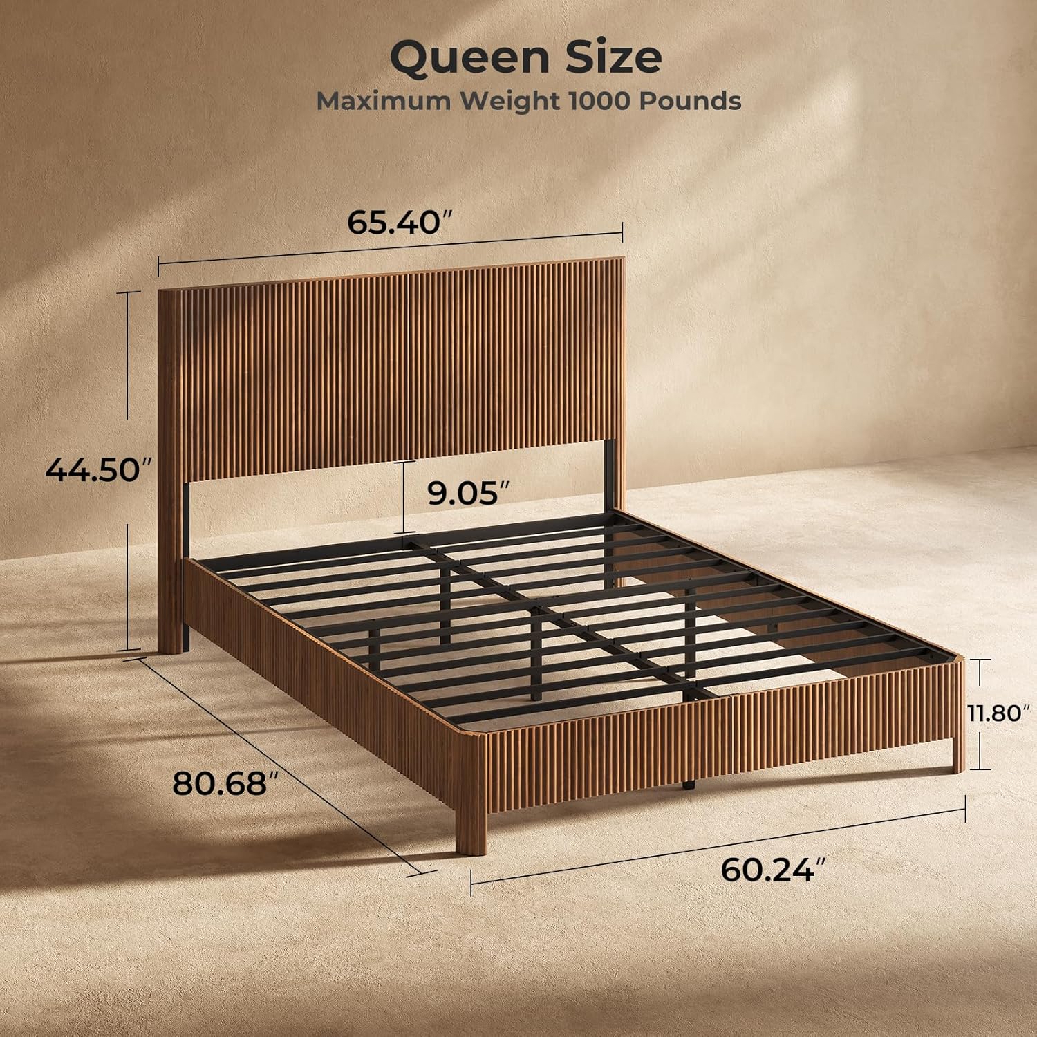 Evermagin Walnut Queen Bed Frame with Headboard, Mid Century Modern Fluted Platform Bed, Boho Wooden Bed Base No Box Spring Needed, Wavy Grooved Panel