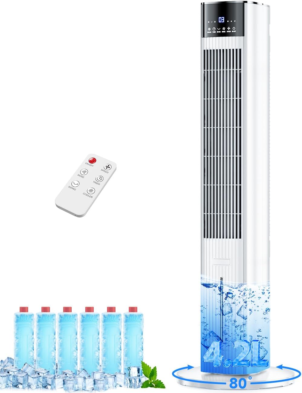 42 INCH Swamp Cooler Air Conditioner w/4 Mode & 3 Speed, 15H Timer, Aroma&Memory Function, Portable Air Conditioners No Windows Needed, 6 Ice Packs, 1.1-Gal Dual Tank Portable AC Unit for Room