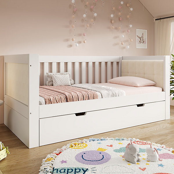 Canapé-lit 90x190cm - avec lit gigogne - dossier rembourré - avec sommier à lattes - blanc (matelas non inclus)