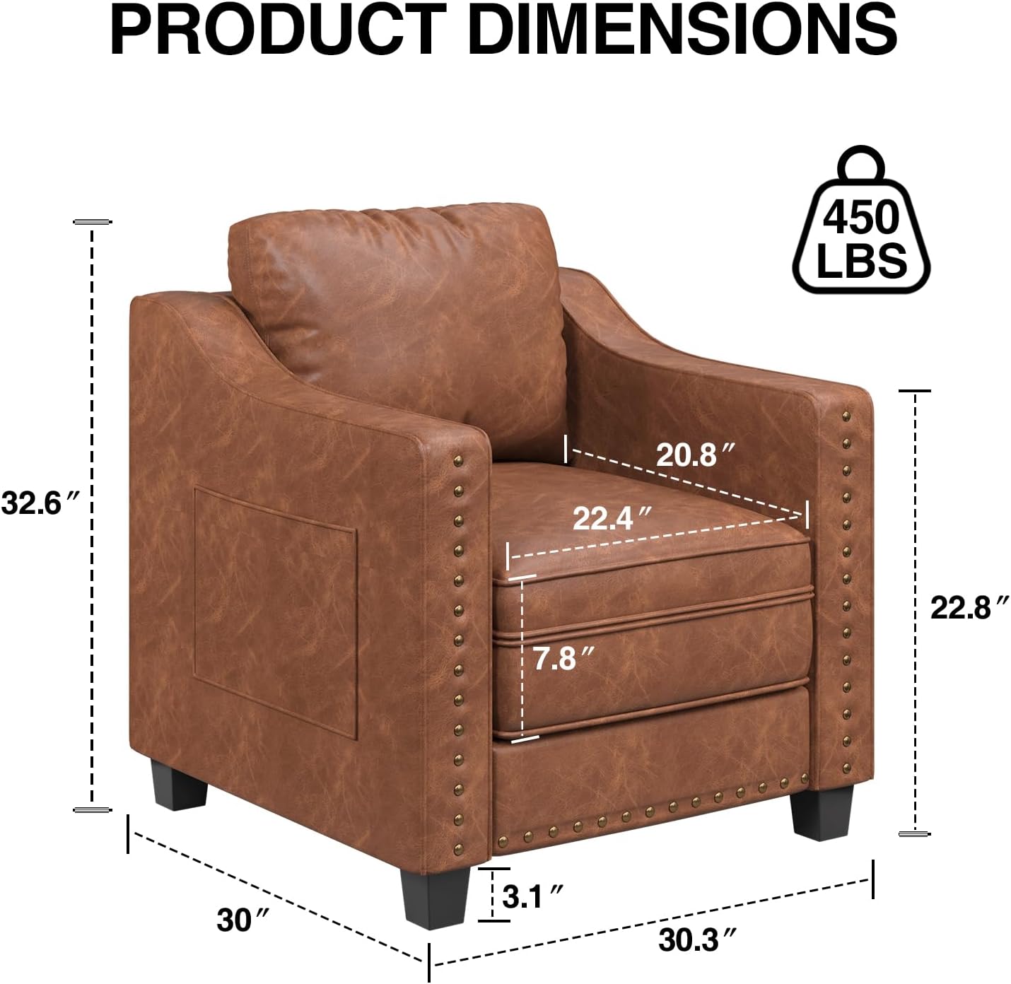 Mid Century Modern Accent Chair, 30 Inches PU Leather Armchairs, Barrel Chair Living Room Chairs Club Chair with Cushion Reading Chair for Bedroom, Apartment, Reading Room, Brown