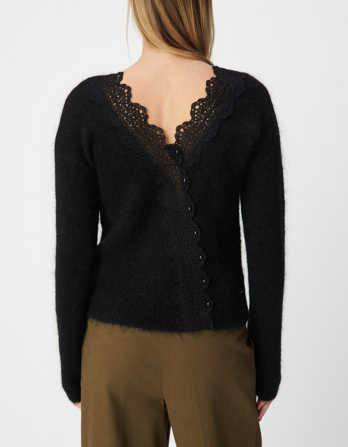 Pull noir tricot dentelle réversible devant/dos Femme