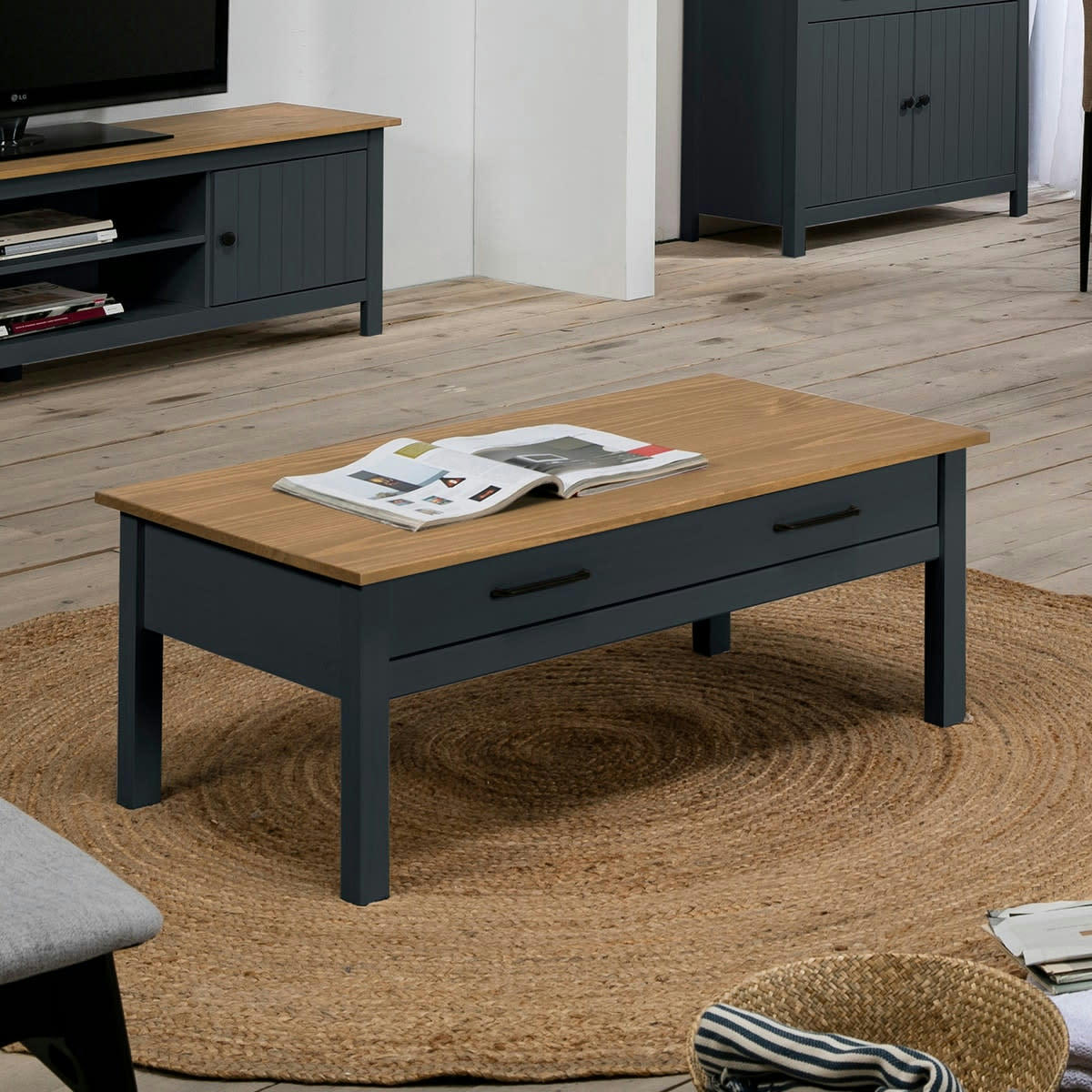 IDA - Table basse 1 tiroir effet en pin massif / bleu 100 cm