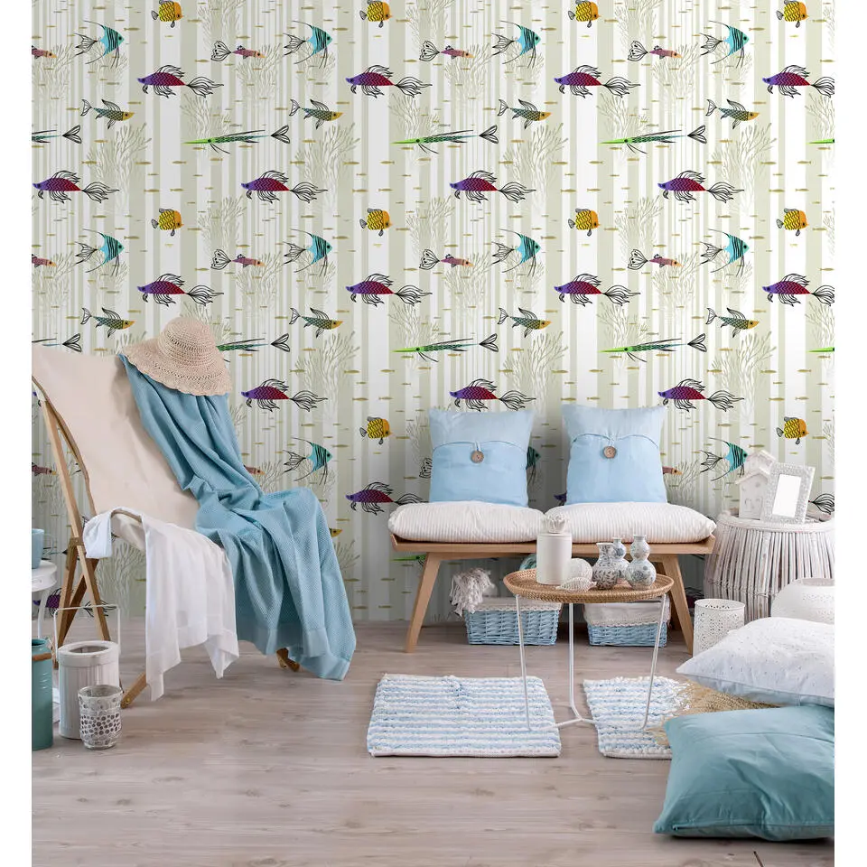 Walls4You behang vissen wit, beige en meerkleurig - 53 cm x 10 m