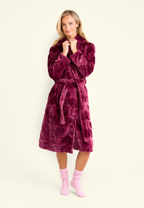 Womens Burgundy Heart Fleece Dressing Gown