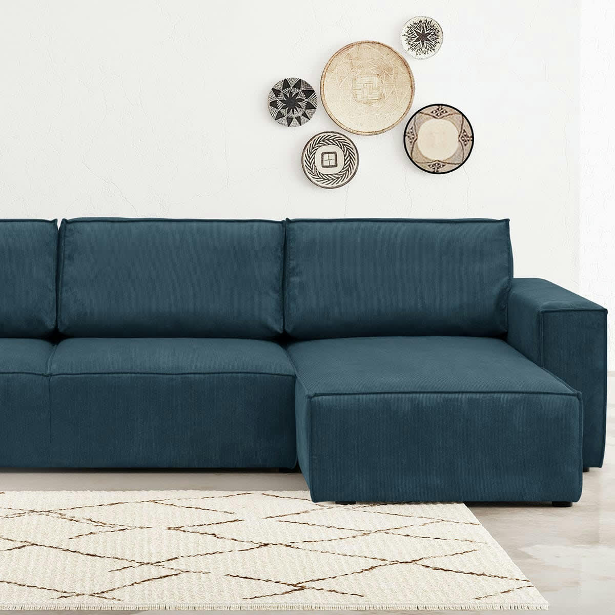 HARPER NEW - Canapé d'angle 5 places convertible en velours fines côtes bleu nuit