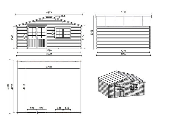 Abri de jardin en bois - 30m2 - 6x5m - Ep. 40mm - Couleur: naturel - DOM747