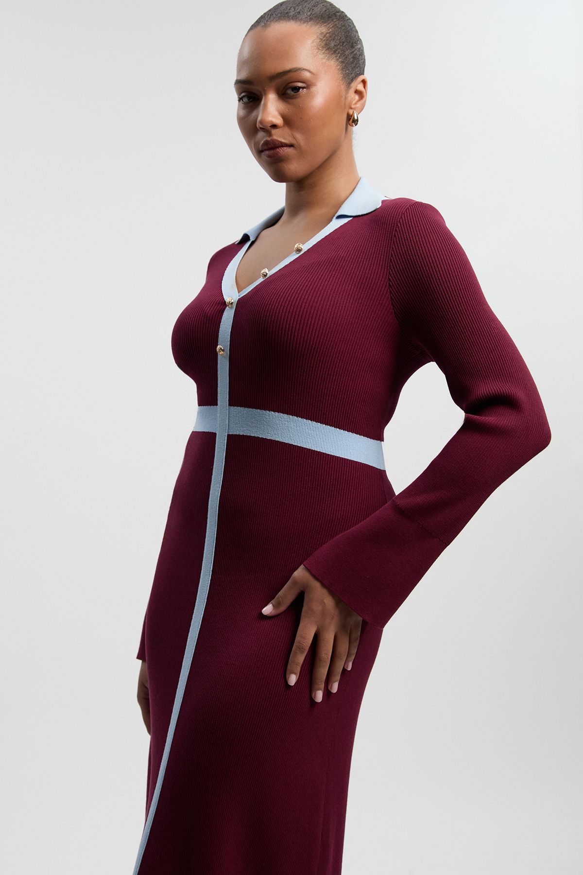 KarenMillen Plus size Knit Rib With Contrast Waist Detail Collared Midi Dress