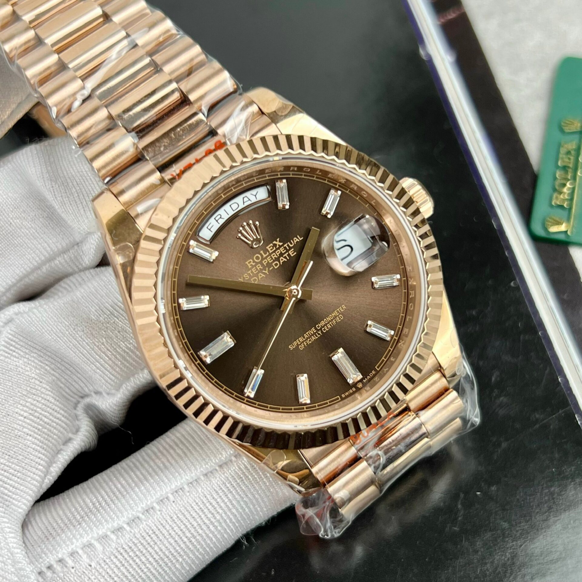 Rolex Day-Date 228235 RG Plated Chocolate Dial CZ Diamonds 40mm Super Clone