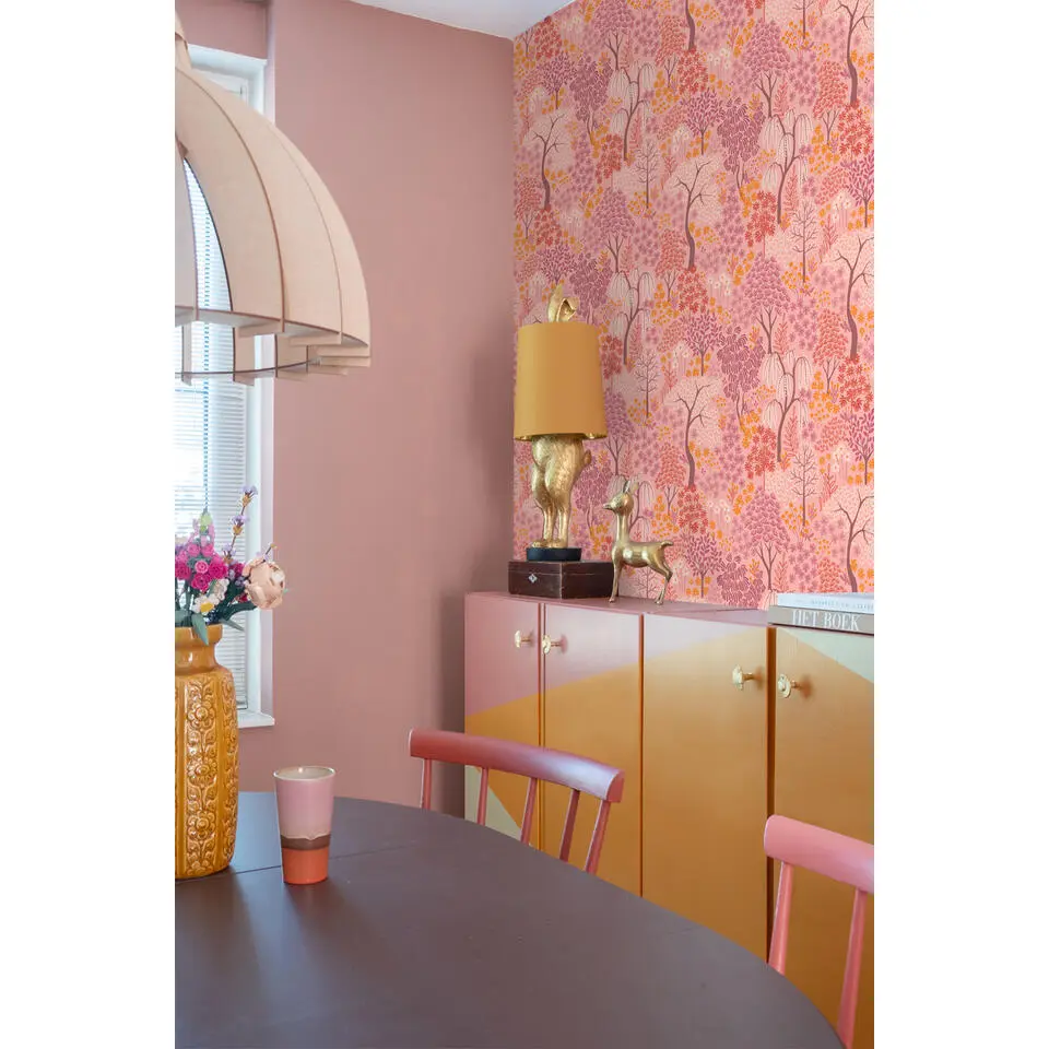 ESTAhome behang bomen en bloemen roze, paars en oranje - 50 x 900 cm