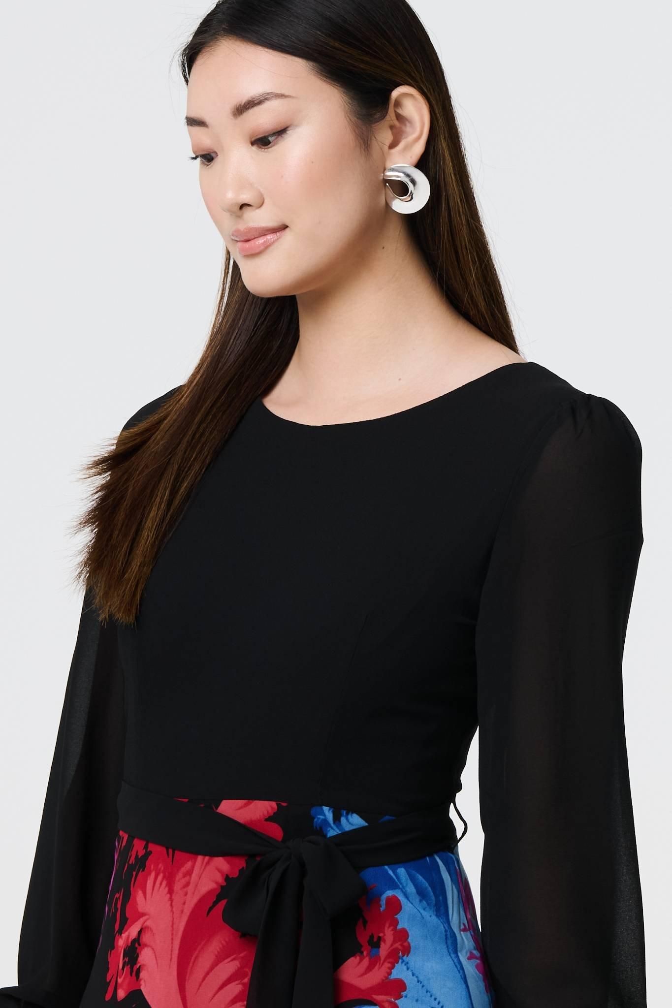 Izabel London Floral Contrast Print Tie Waist Midi Dress