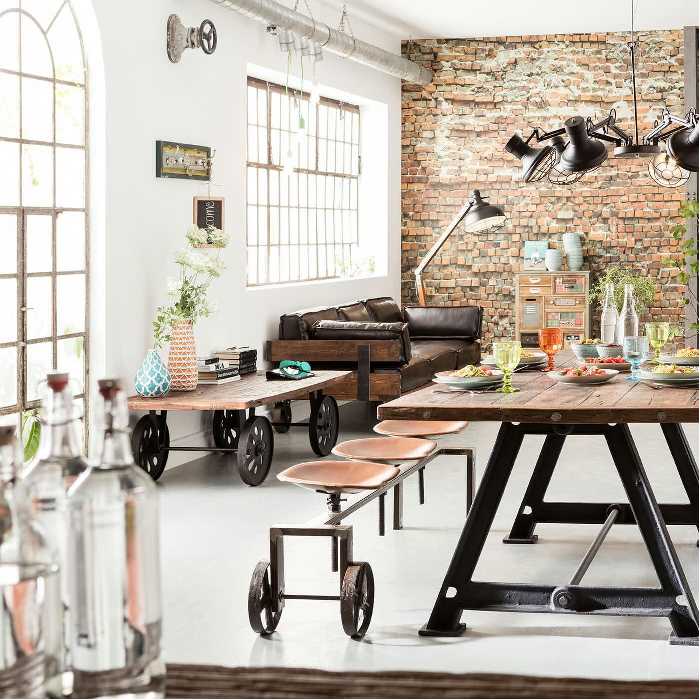 TRACTOR - Banc 3 places en fer et cuir