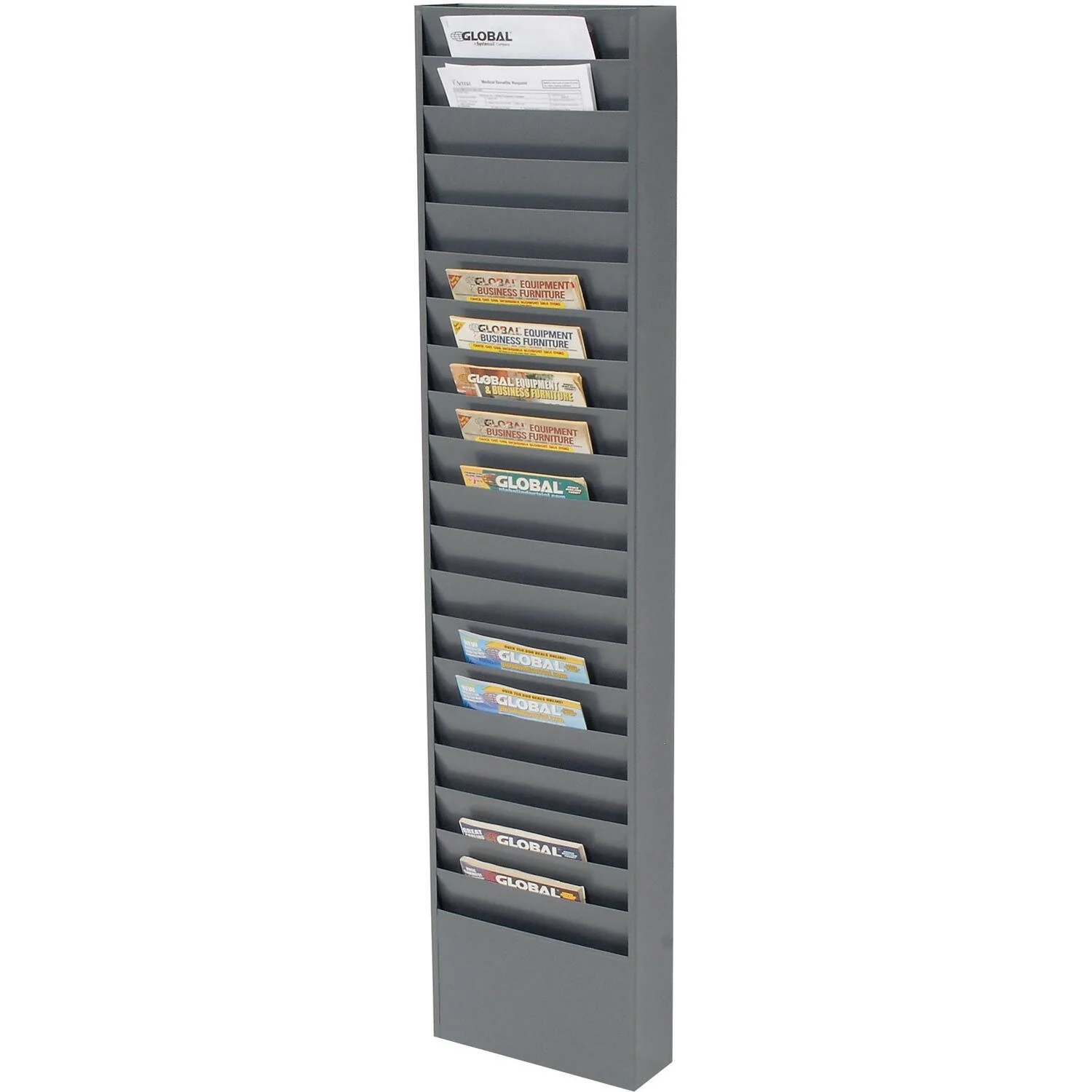 Medical Chart Hanging Wall File Holder, 20 Pockets, Gray - Black - 4.13L x 13.25W x 58H