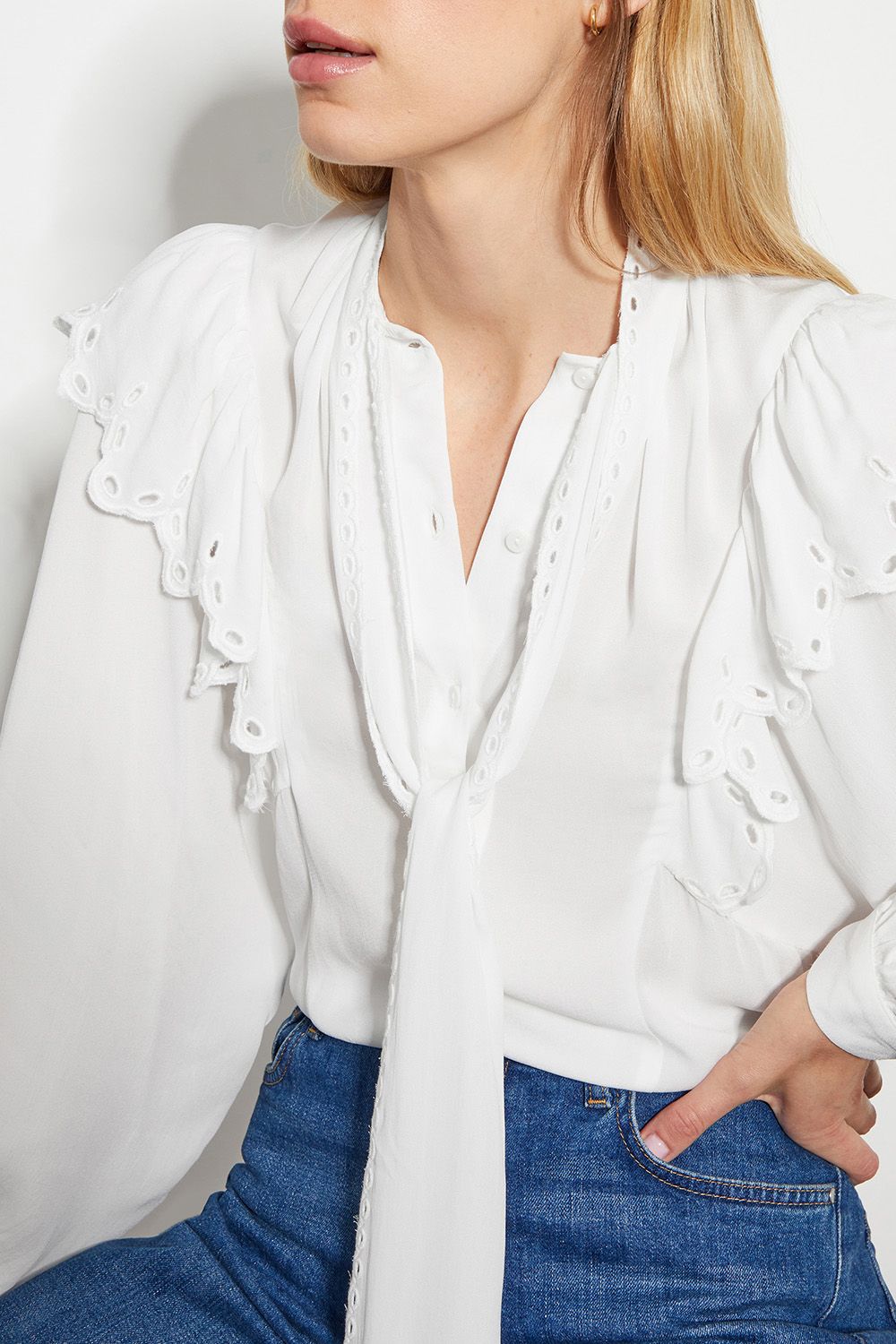 Monsoon Cassie Broderie Frill Tie-Neck Blouse Ivory