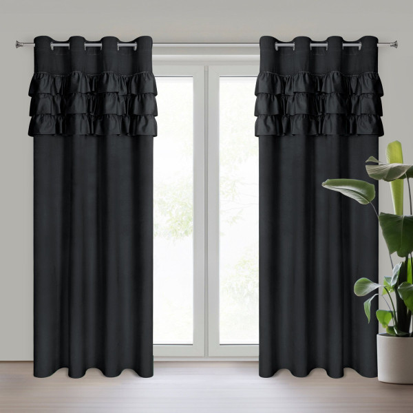 Zasłona zaciemniająca z falbankami na przelotkach SAMI 140X250 czarna