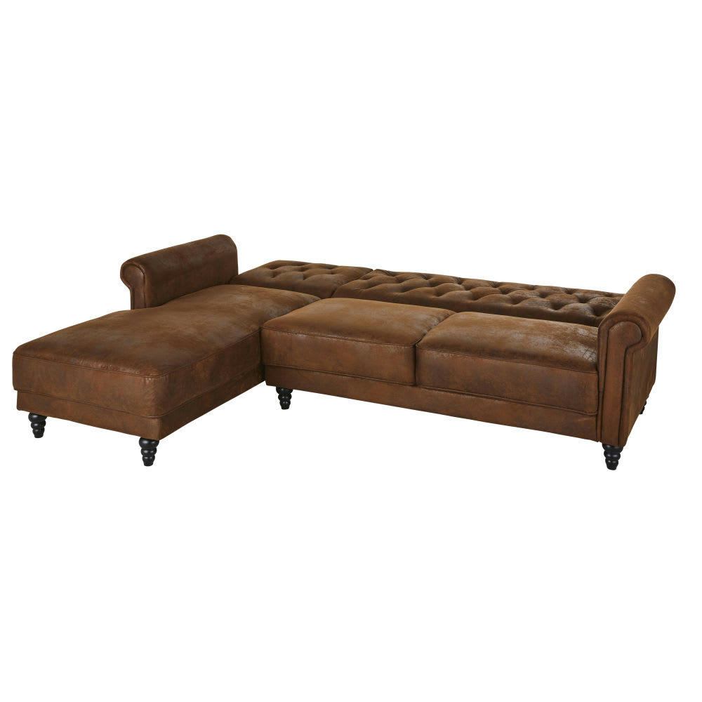 Lise - Canapé clic-clac d'angle gauche 3/4 places en suédine marron