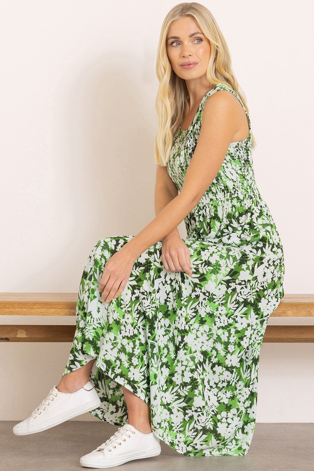 Klass. Garden Print Smocked Midaxi Dress