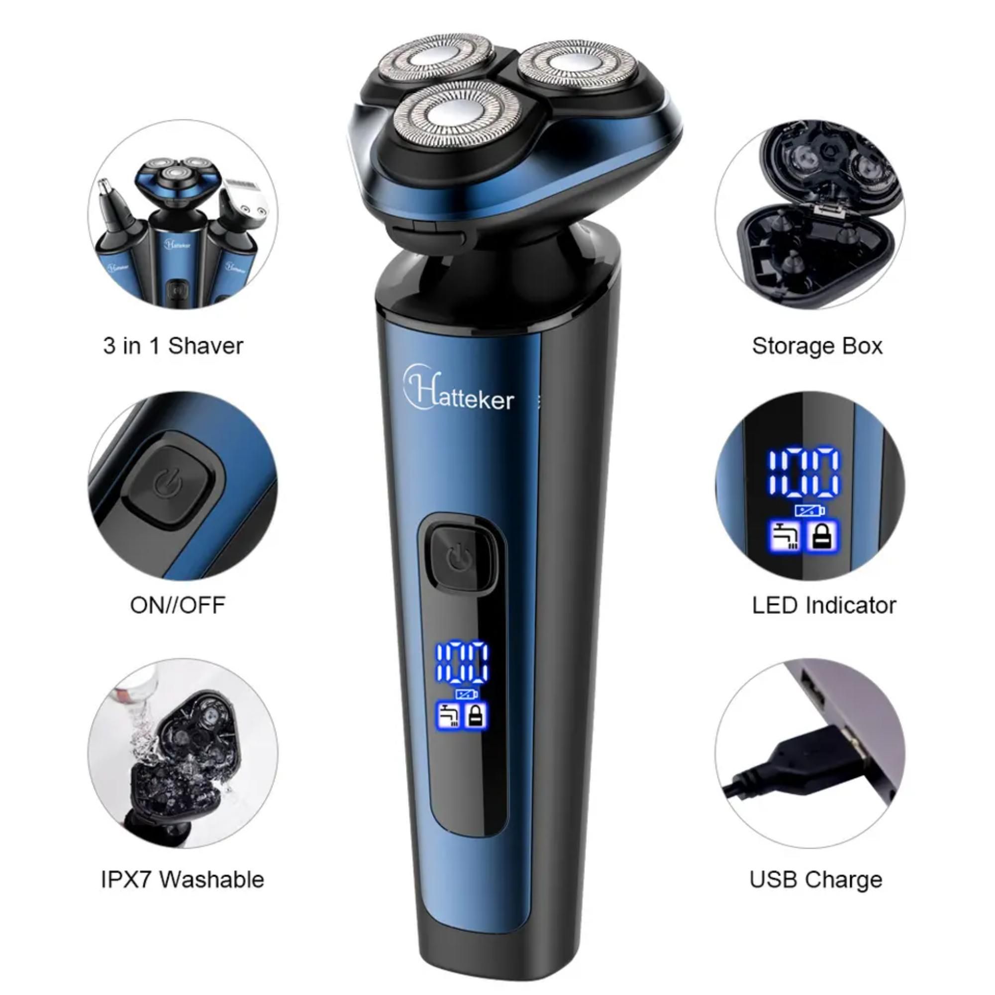 Hatteker 3-In-1 Multifunction Waterproof Electric Shaver, Wet And Dry Shaving