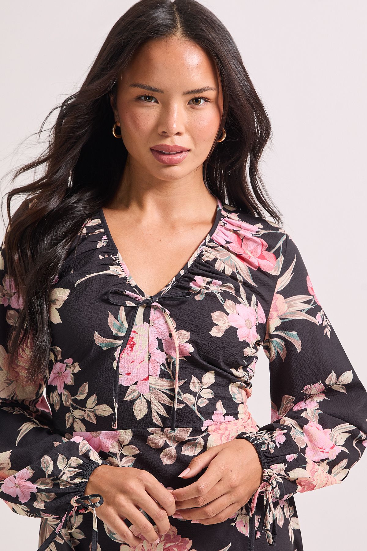 Dorothy Perkins Printed Tie Neck Blouson Sleeve Midi Dress