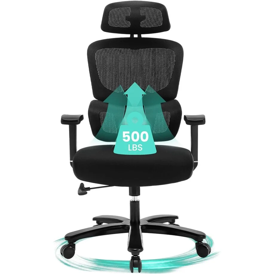 Big and Tall 500lbs Office Chair - Ergonomic Heavy-Duty Mesh Chair with Adjustable Headrest & Lumbar Support