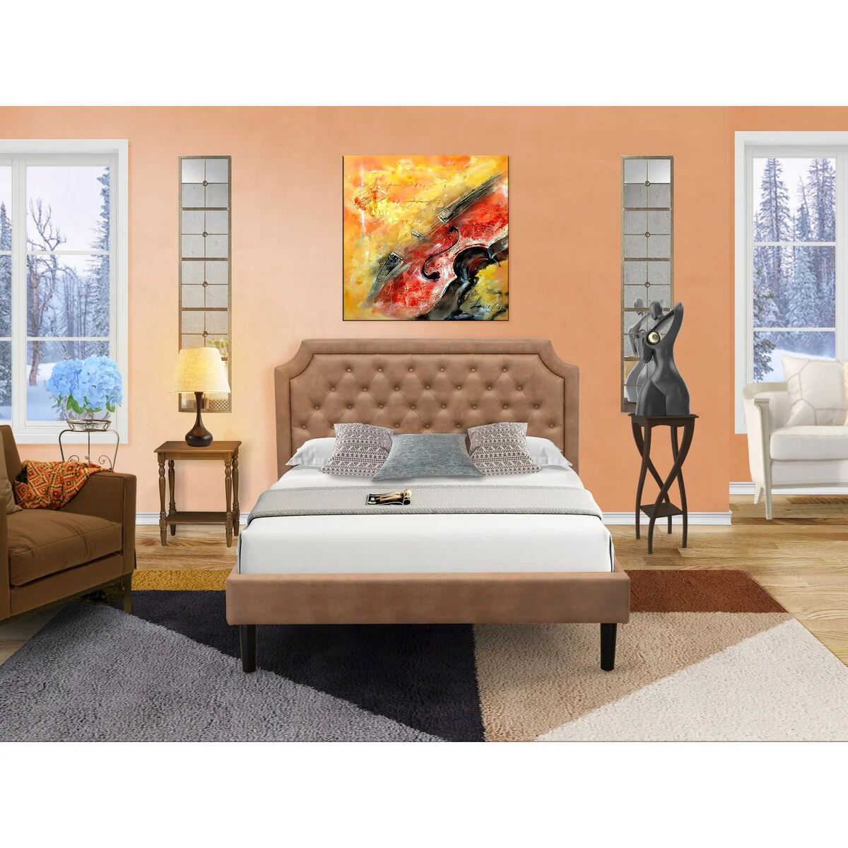 2-Piece Granbury Bedroom Set with a Bed and an Antique Walnut Night Stand - Brown faux leather and Black Legs(Bed Size Option)