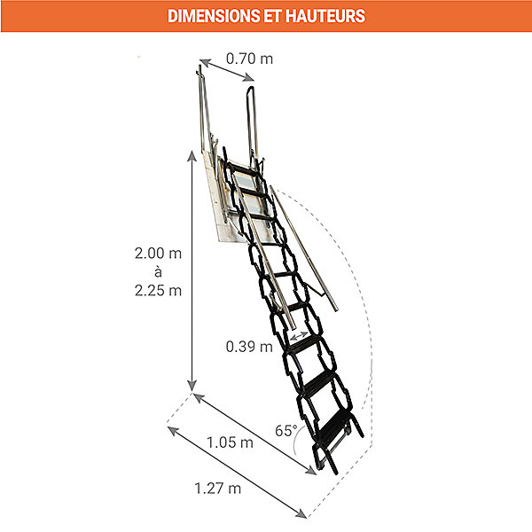 Echelle accordéon avec trappe noire - 1 main-courante - Hauteur d'accès 2,00 à 2,25m - PALCO/A/N-225