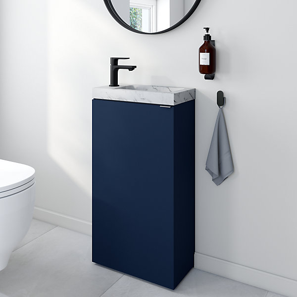 Meuble lave-mains bleu nuit mat l.44 cm Imandra   plan vasque effet marbre blanc, GoodHome