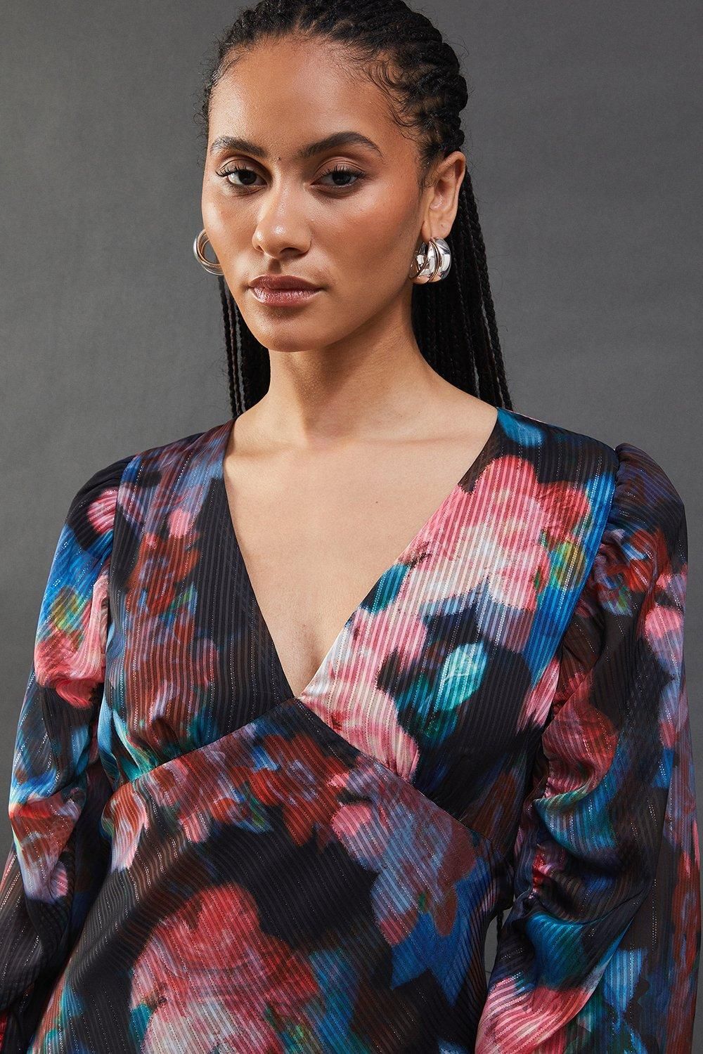 Warehouse Metallic Shadow Stripe Gathered Sleeve Plunge Neck Maxi Dress