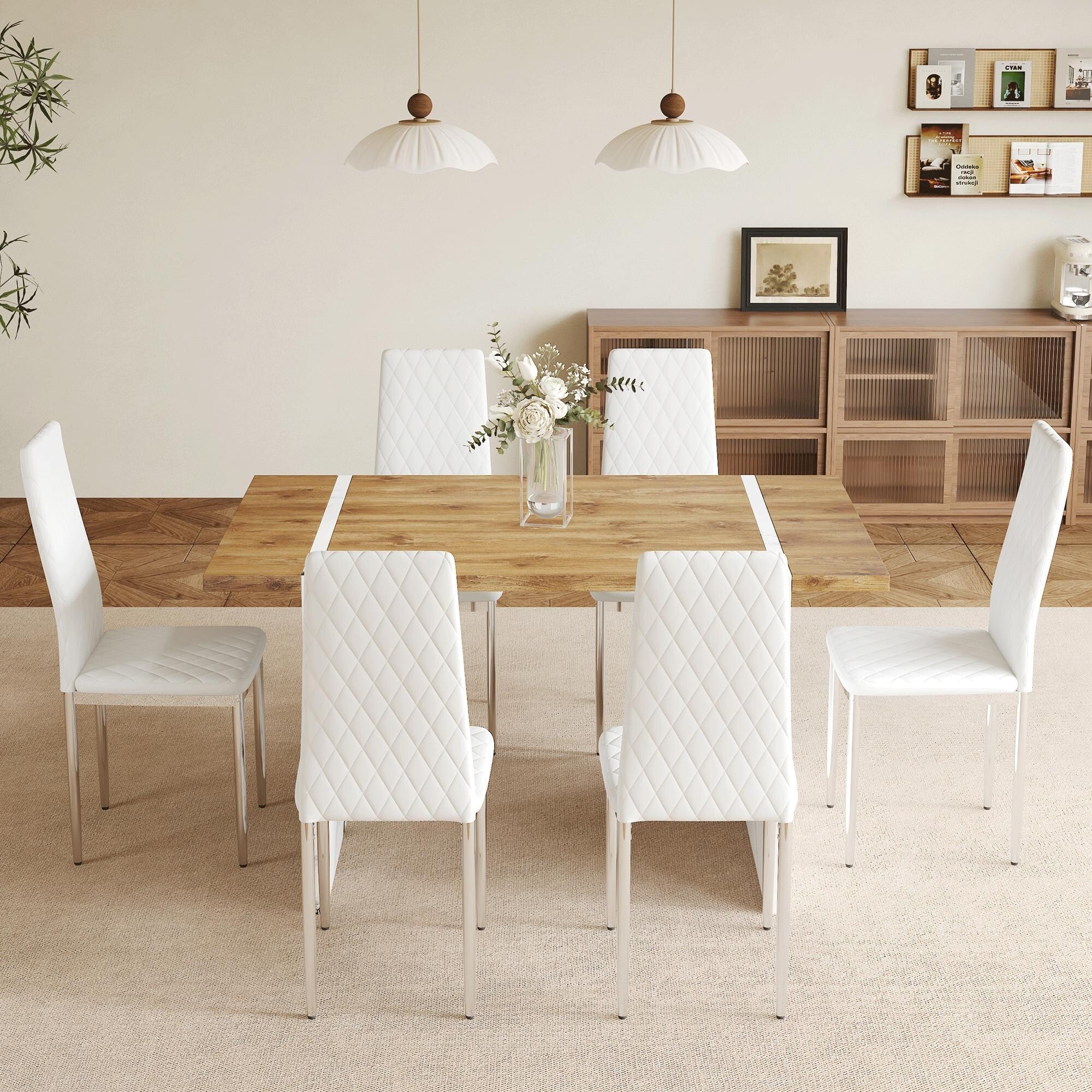 Table And Chair Set,Natural Wood Grain MDF Dining Table-Paired With 6 Modern Style Dining Chairs