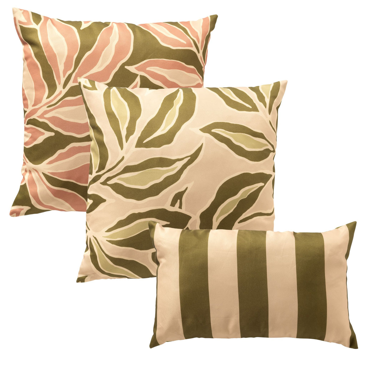 KUSSENSET - 3-delig - Elara Striped - 45x45 cm, 30x50 cm - inclusief binnenkussens - roze, groen, beige