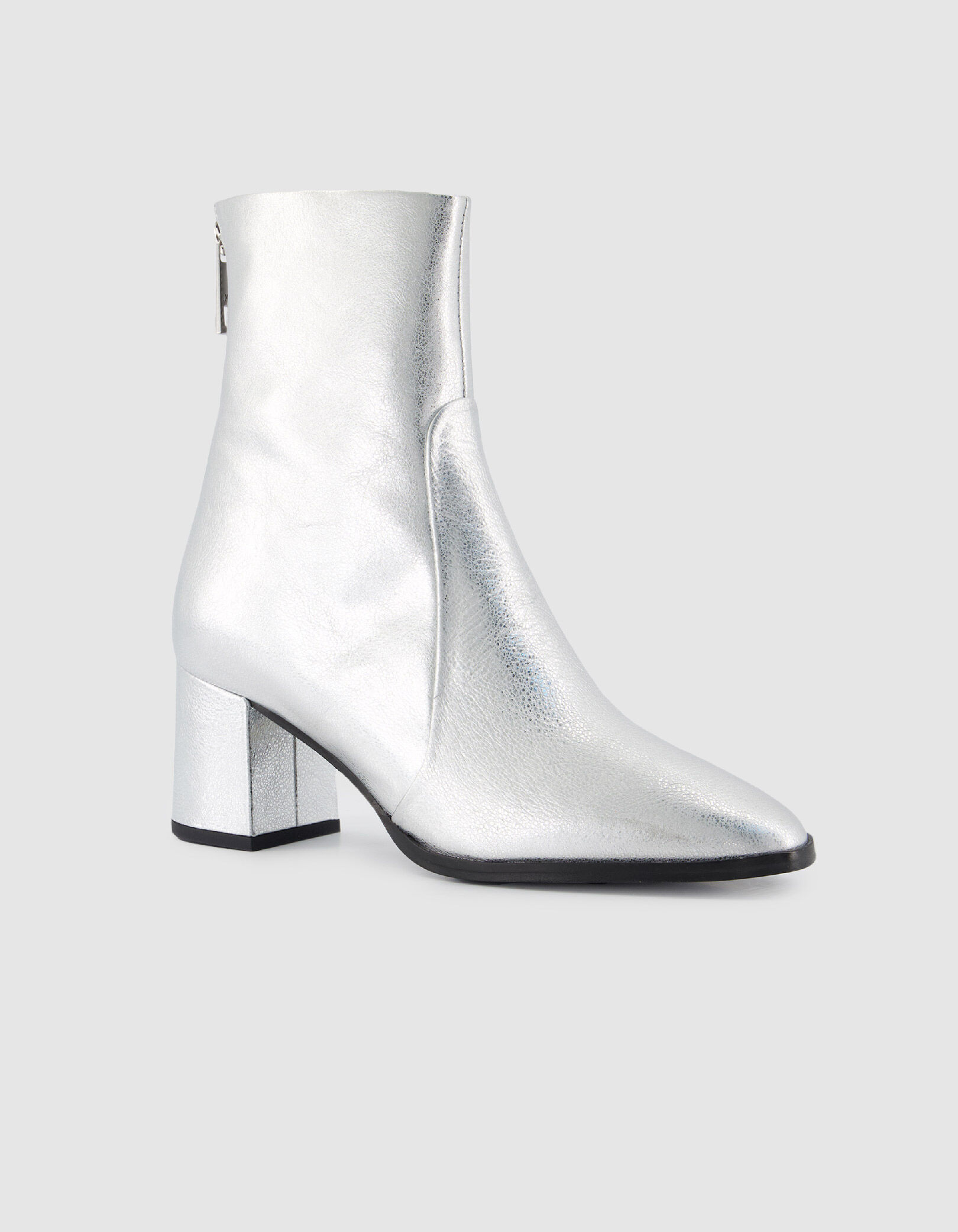 Boots à talon argentées cuir zippées Femme