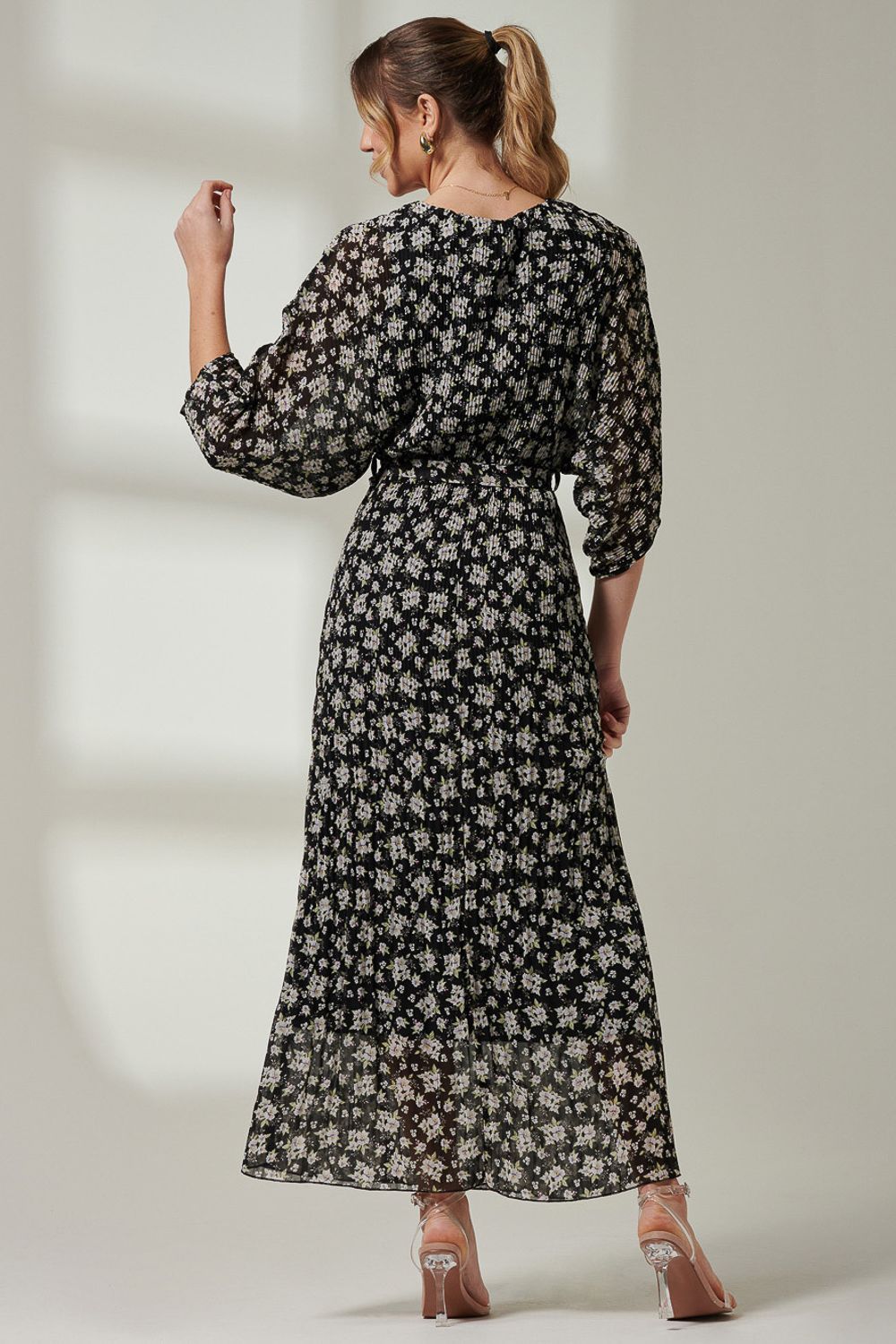 Jolie Moi Chiffon Pleated Batwing Sleeve Maxi Dres