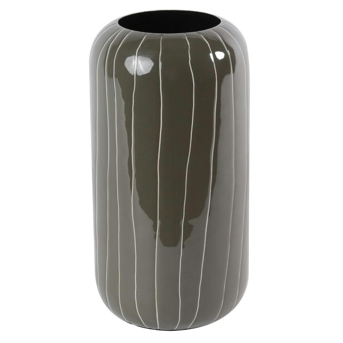 FYNN - Vase moderne bohème métal émaillé kaki rayé beige h 26 cm