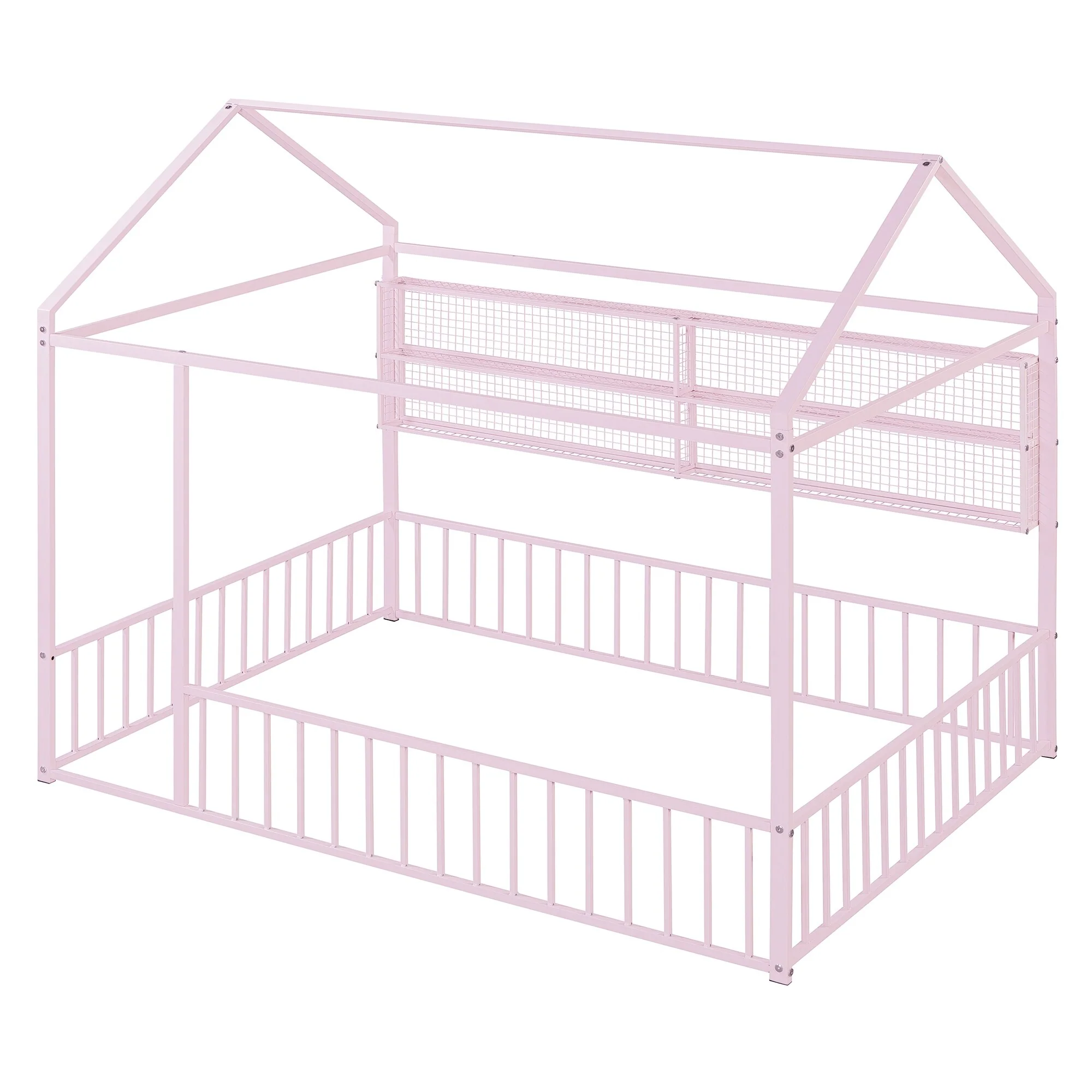 Metal Floor House Bed Frame with Fence and Shelves