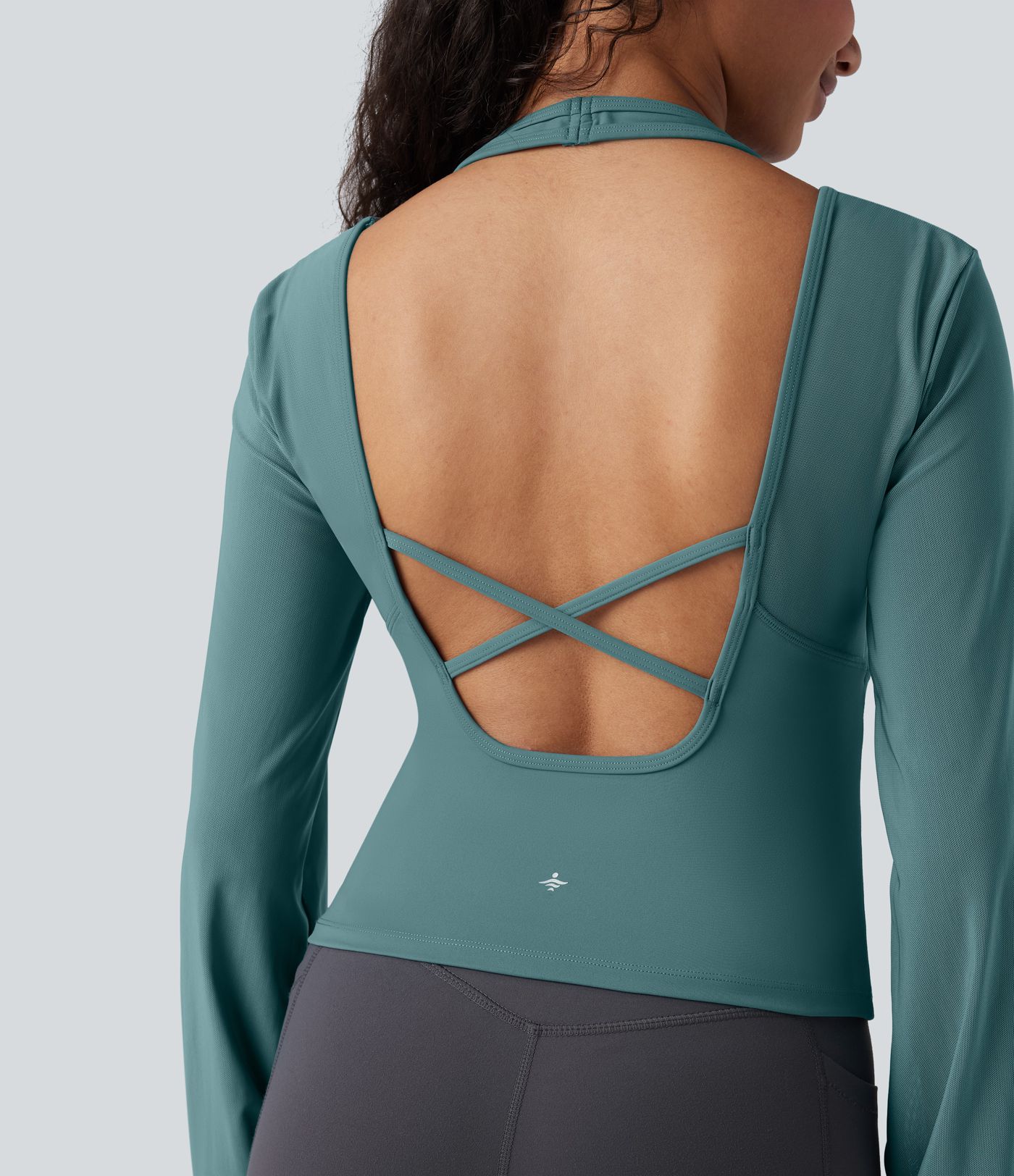 Haut de sport de yoga SoftlyZero™ aérien dos nu dos-nu manches longues bishop mesh contrastant - UPF50