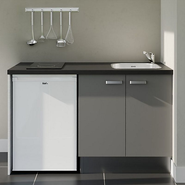 Kitchenette K17 façades Gris - Plan de travail Noir texturé - Crédences : Non - Evier inox - Electroménager Blanc inclus