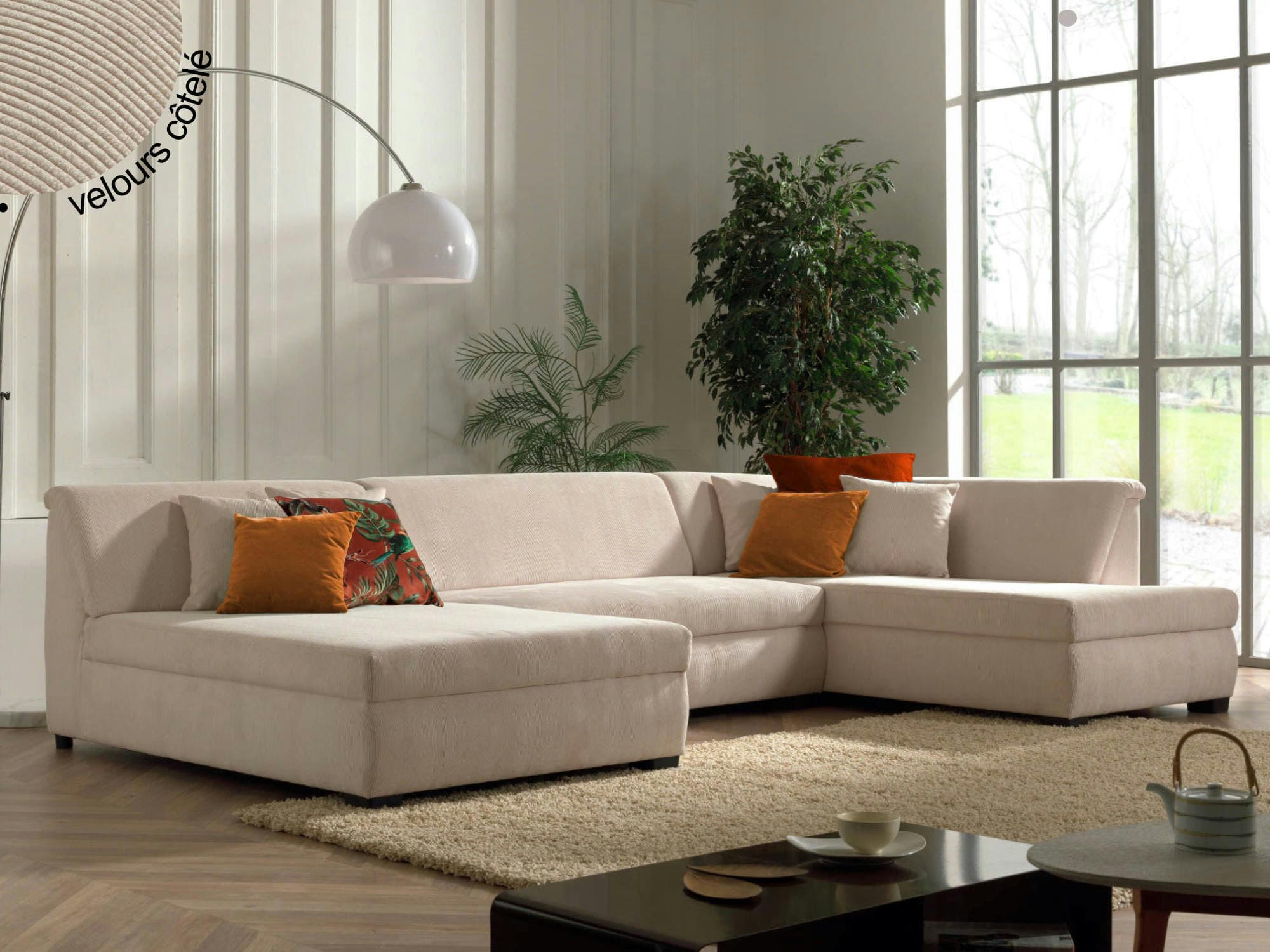 MALCOM - Canapé panoramique 7 places angle droit en velours côtelé beige