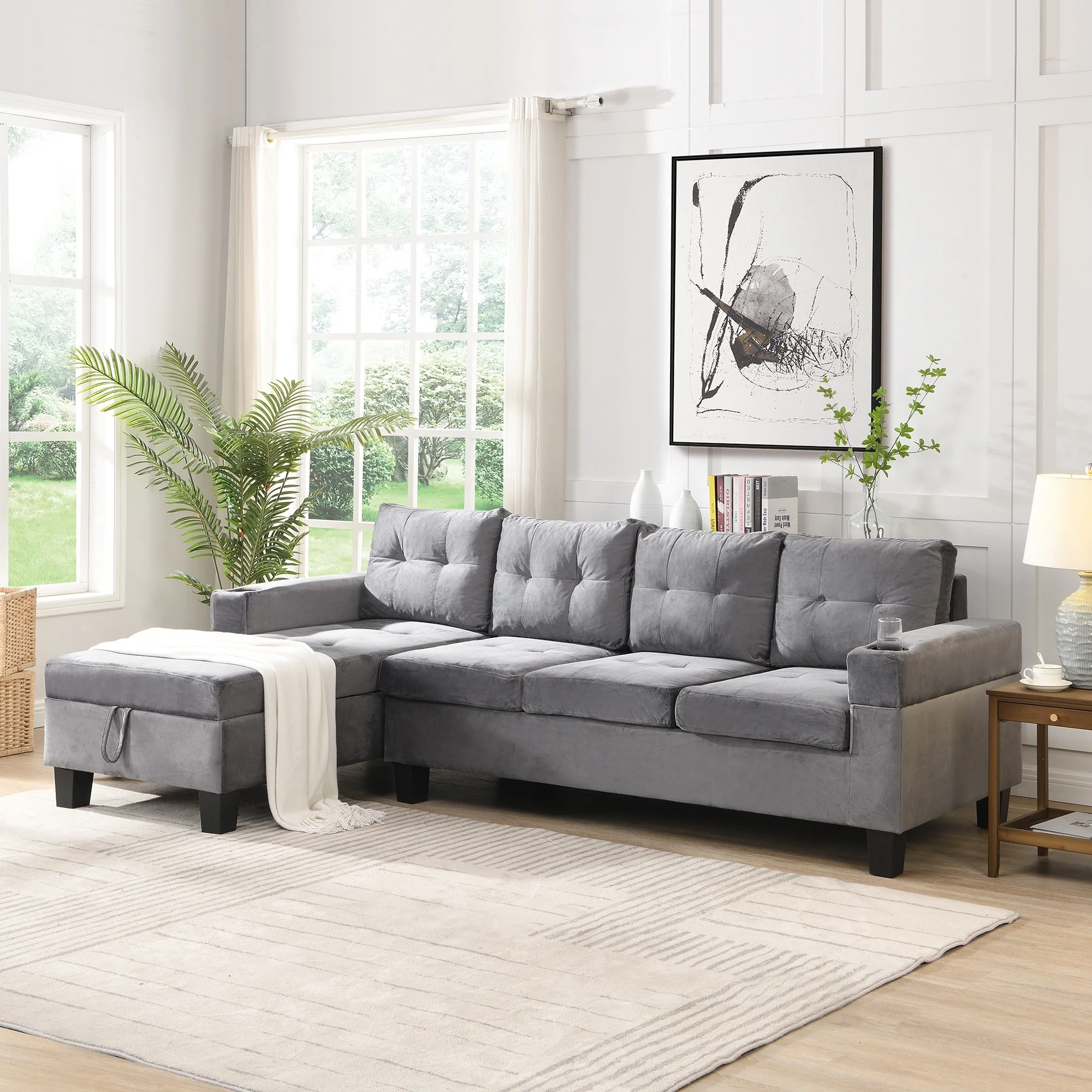 97.8'' Modern 4 Seat Sectional Sofa Set with Left-Hand Storage Chaise Lounge and Cup Holders for Living Room