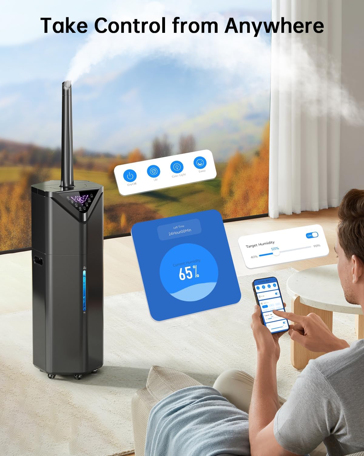 5Gal Humidifiers for Bedroom Large Room up to 2800ft², APP/Remote Control, 60H Supersized Cool Mist Humidifier with Auto 180°Mist Tube, 24H Timer, Top Fill Humidifiers for Home Office Plants