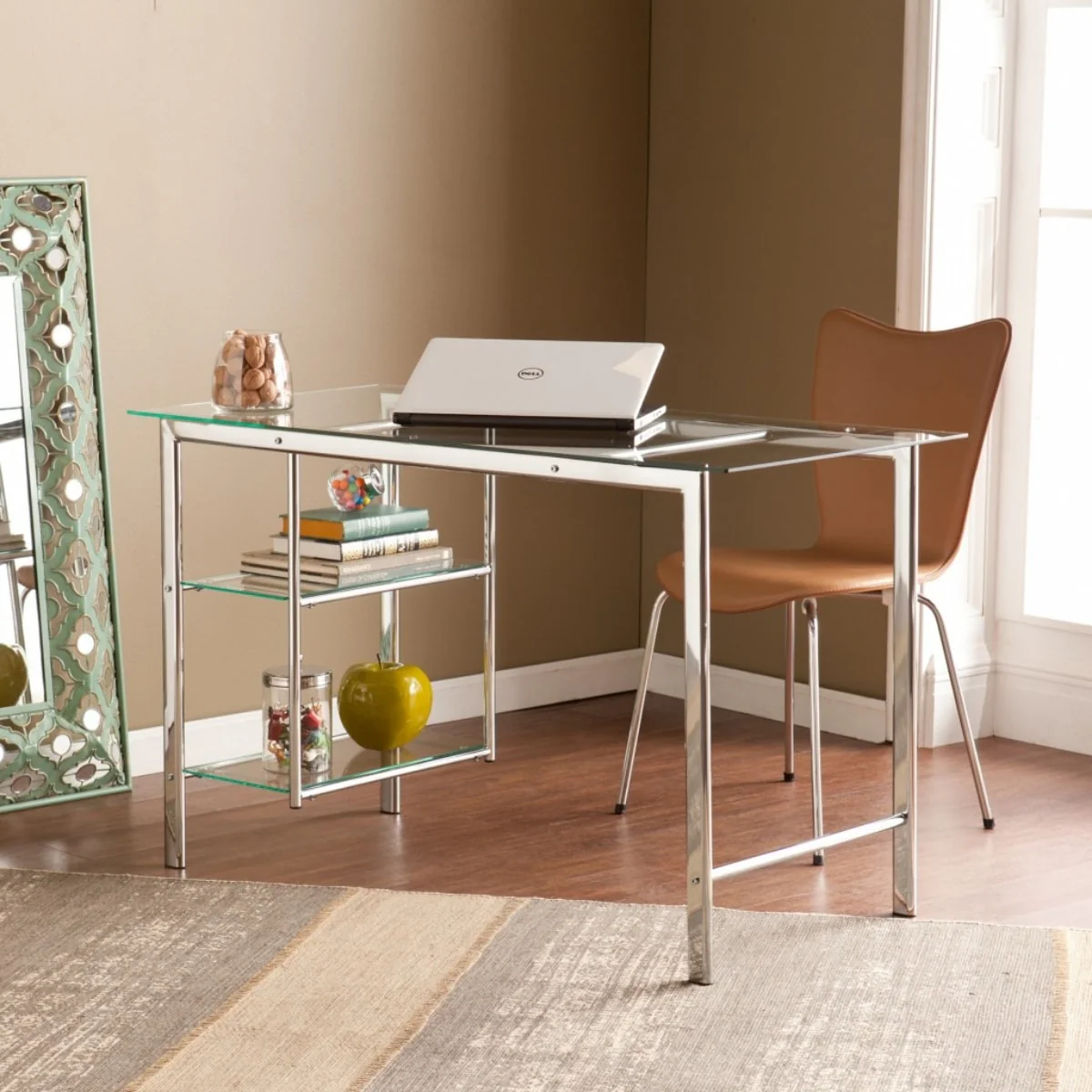 Clear Glass Silver Metal Writing Desk with Shelves and Rectangular 47 inches