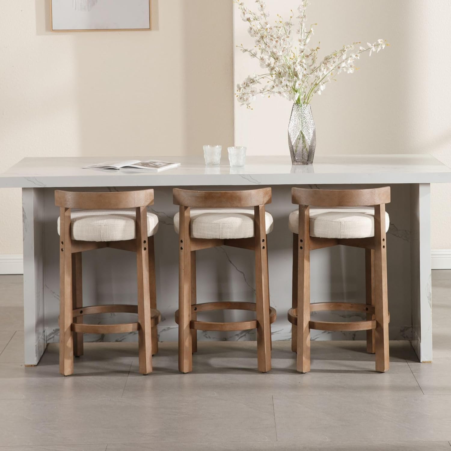 LukeAlon Mid Century Linen Counter Stools Set of 3, Upholstered 26.5 Seat Height Low Barstools with Natural Wood Legs Round Low Back Kitchen Stools with Footrest for Dining Room, Beige