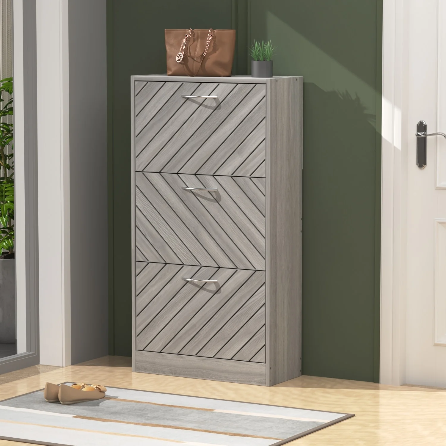 22.4 Shoe Storage Cabinet with 3 Flip Drawers Wood/ Grey by Kerrogee
