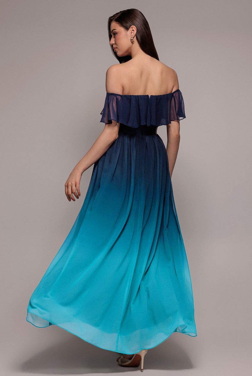 Goddiva Ombre Chiffon Bardot Frill A line Maxi Dress