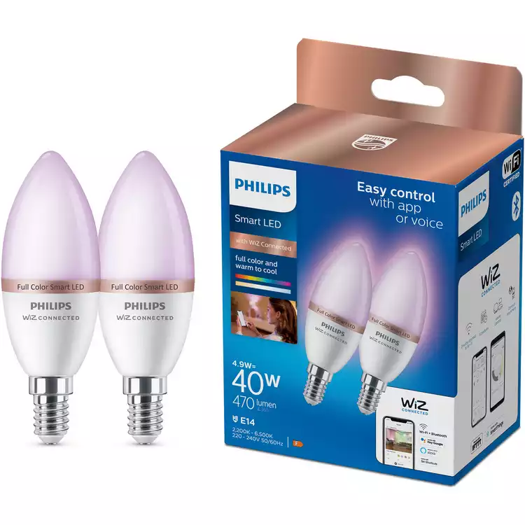 Philips WiZ E14 Colour Smart LED Wi-Fi Candle Bulbs - 2 Pack