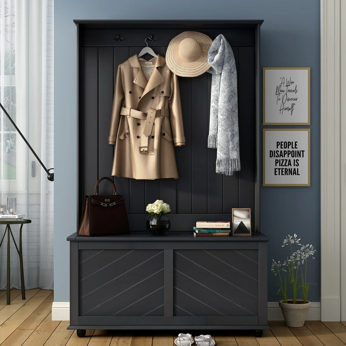 Hall Tree with 4 Hooks , Coat Hanger, Entryway Bench, 3-in-1 Design Storage Bench for Entrance, Hallway