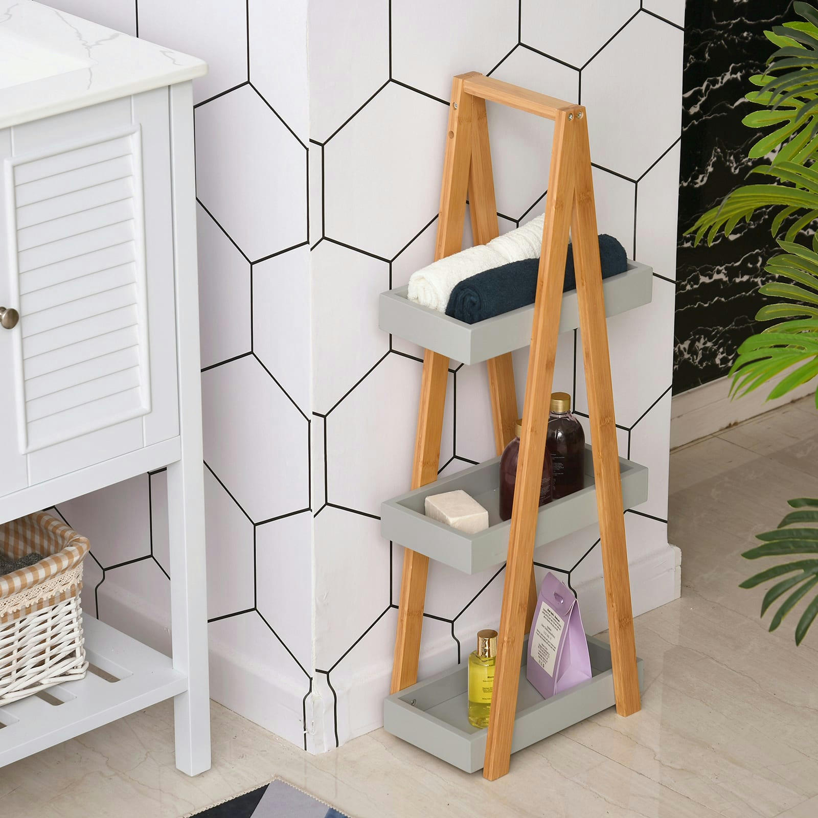 - Etagère salle de bain bambou 3 paniers