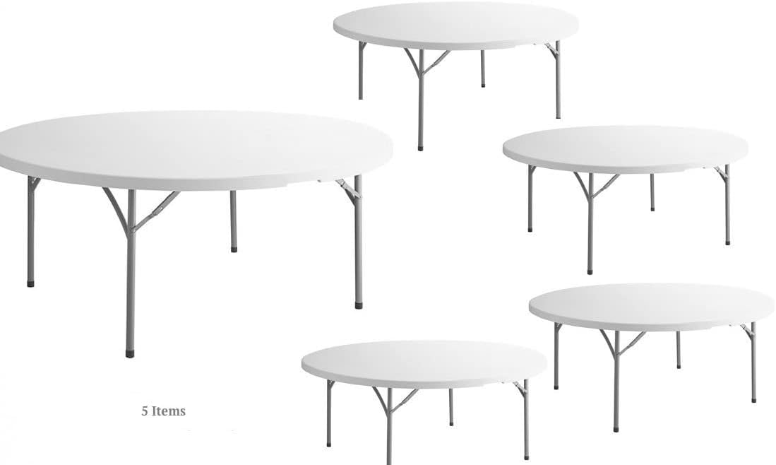 PRO&Family 72 Round Heavy Duty Granite White Plastic Folding Table, 10 Seater, Indoor/Outdoor Use, Foldable Legs, Rubber Feet