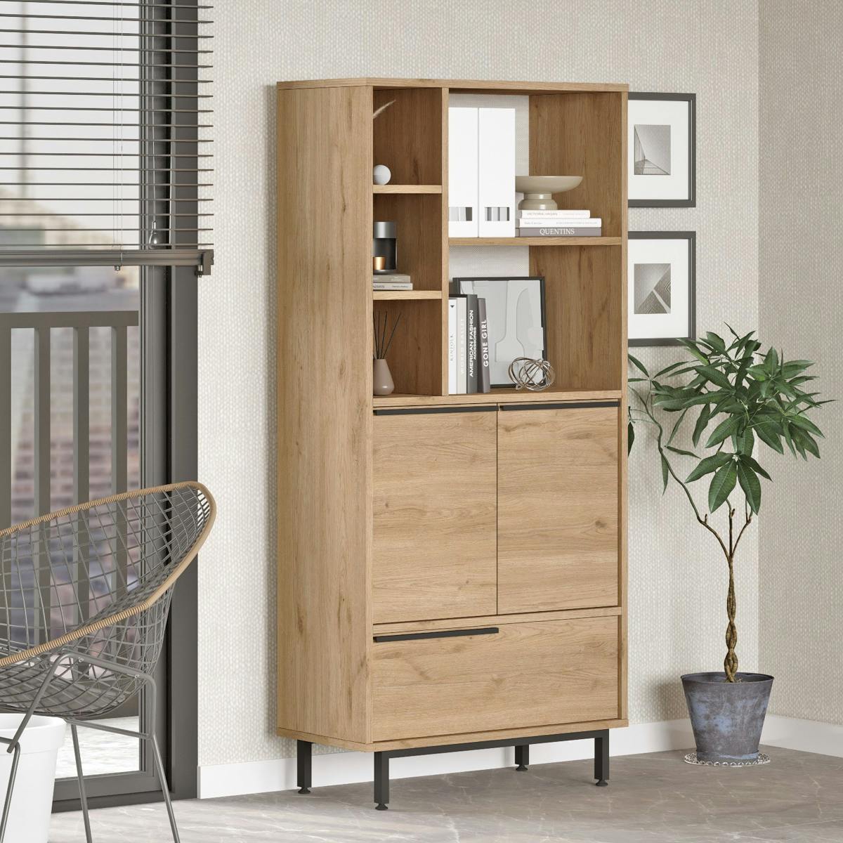 Bibliothèque salon 3 portes 2 étagères décor bois JENA
