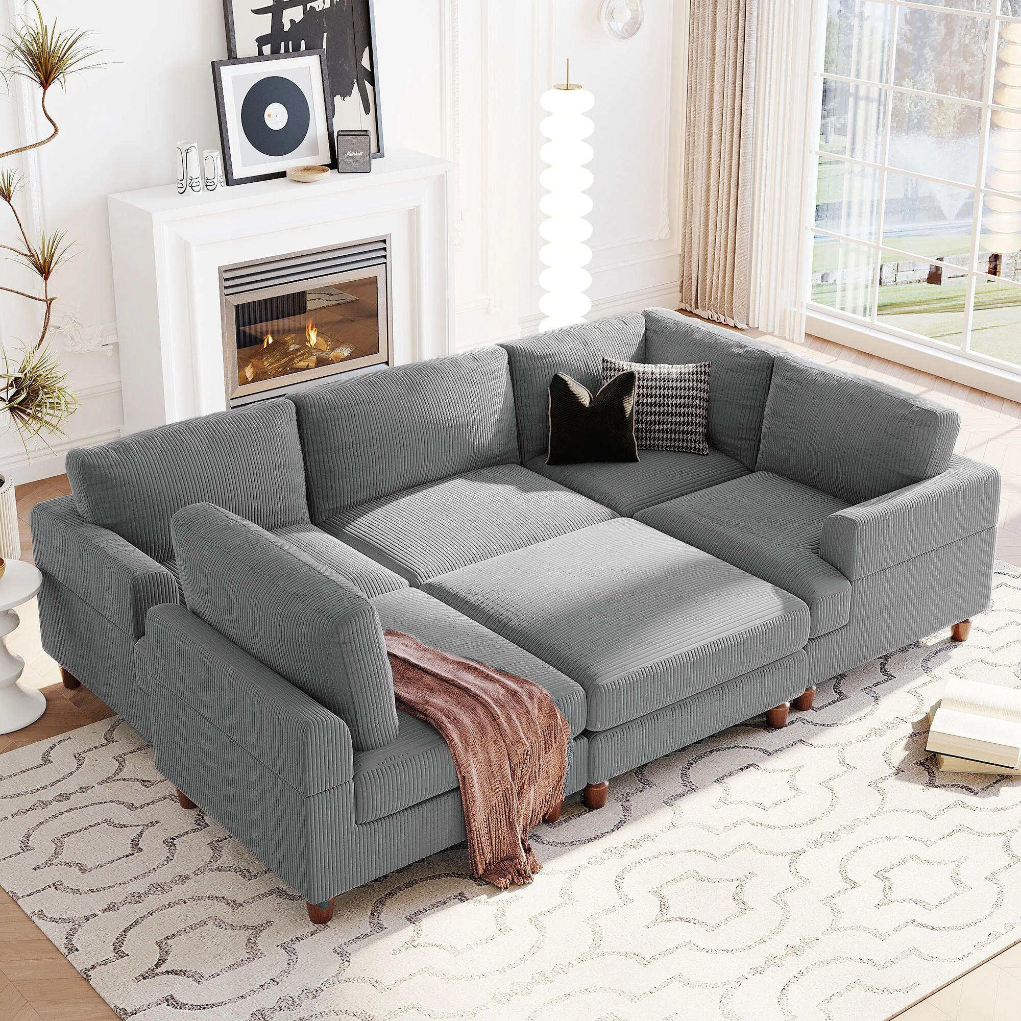 Corduroy Modular Sectional Sofa, L Shaped Corner Sectional Lounge Couches, wMovable Ottoman Sectional Sleeper Sofa Couch